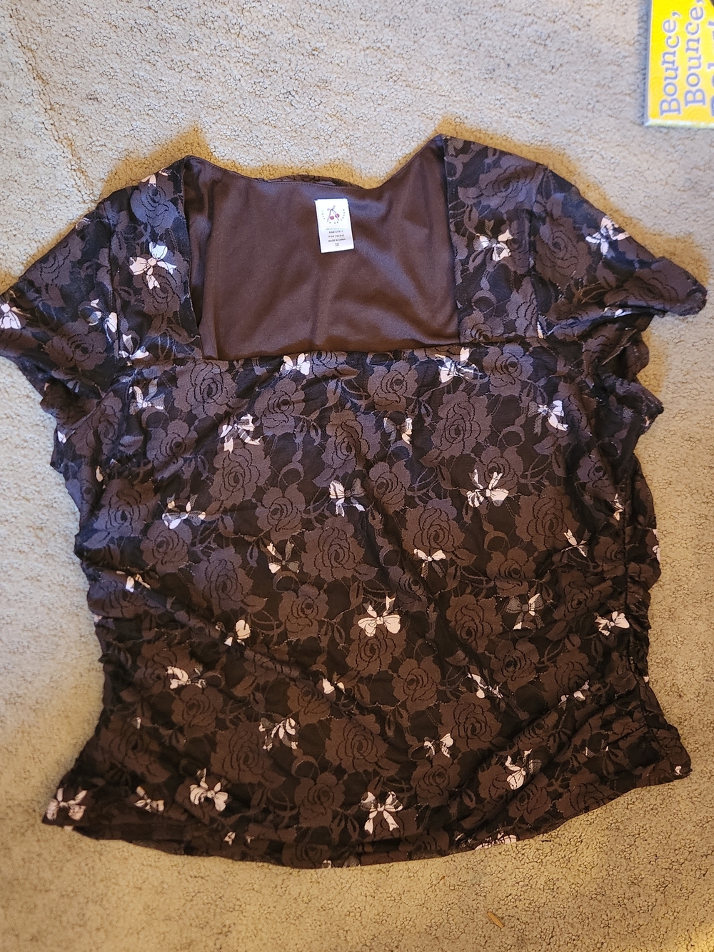 Women's Brown Floral Lace Overlay Short Sleeve Blouse
